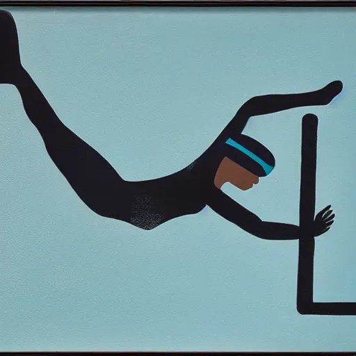 Prompt: acrylic painting on wood of a woman wearing a swimming cap diving from a high diving board into a pool. the pool is out of frame. teal, white, black and grayscale. simple. flat. vintage, mid - century modern. mid - drive, in the air, fully body, anatomically correct by edward hopper