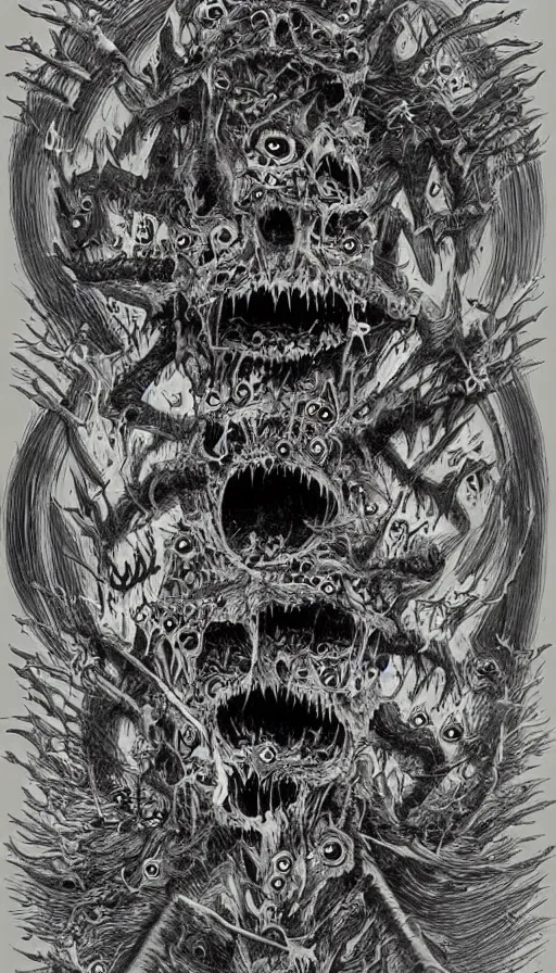 Prompt: a storm vortex made of many demonic eyes and teeth, by ed roth