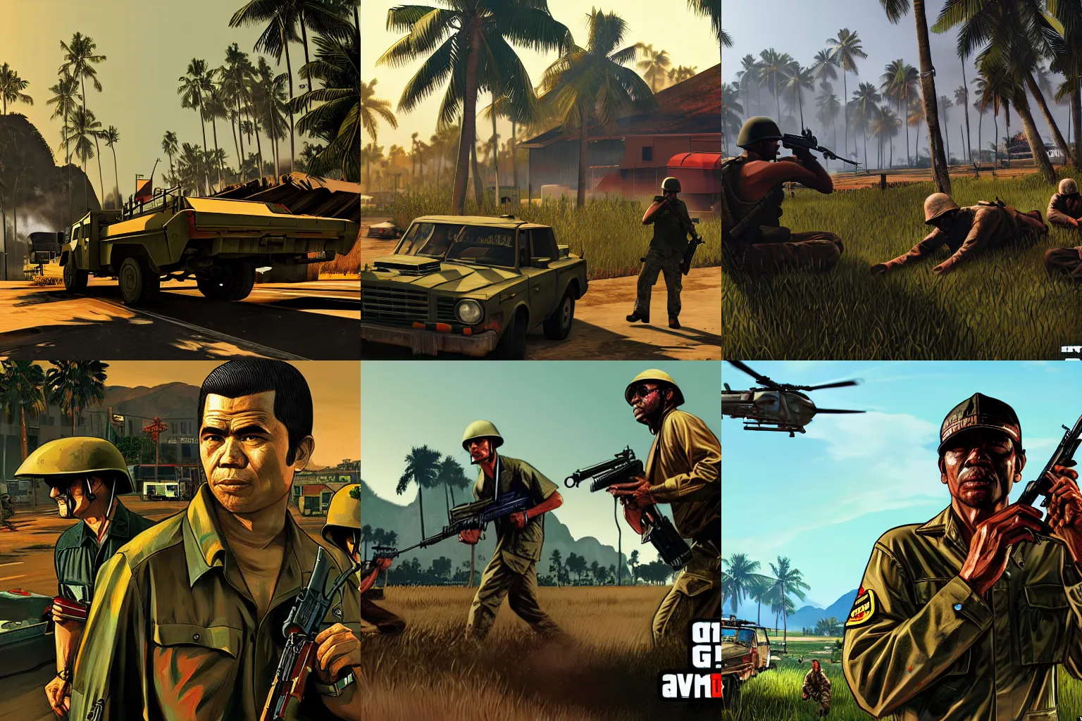 Prompt: Vietnam War in Grand Theft Auto 5 covert art, epic, 4k resolution, extremely detailed, very sharp, artstation, digital art, vibrant,