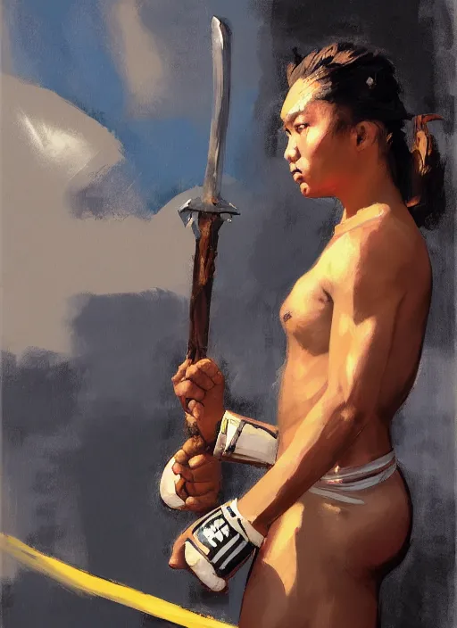 Image similar to greg manchess side portrait of a filipino mma fighter with a sword standing in front of a tank, organic painting, sunny day, matte painting, bold shapes, hard edges, street art, trending on artstation, by huang guangjian, gil elvgren, ruan jia, randy vargas, greg rutkowski