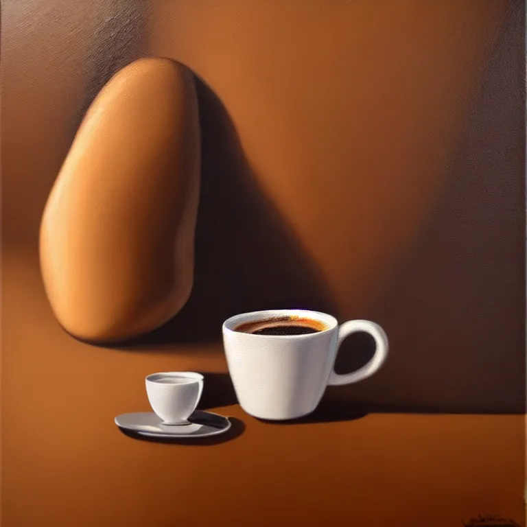 Image similar to an anthropomorphic coffee bean drinking a cup of espresso, photorealism, oil on canvas, soft textures, warm lighting