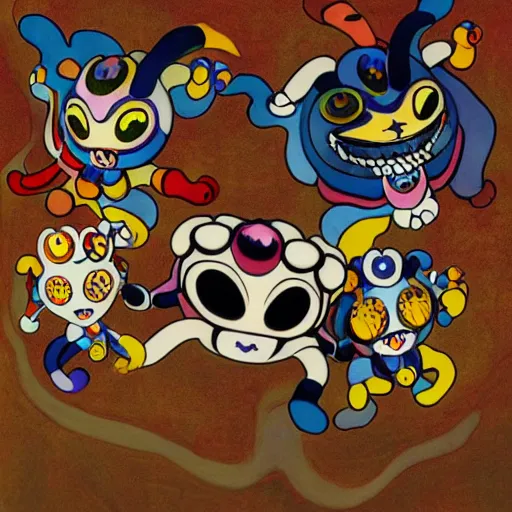 Image similar to Three demons flying up from a desert canyon in the style of Takashi Murakami