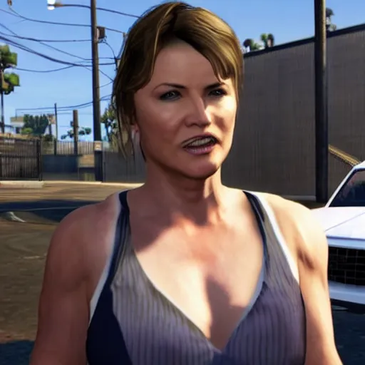 Prompt: Lucy Lawless taking a baseball bat to her boyfriend\'s car in GTA 5.