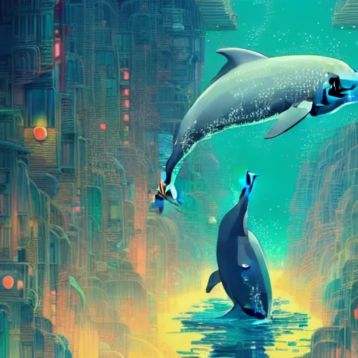 Image similar to a beautiful hyperdetailed character design 4 k wallpaper illustration of a cute dolphin, victo ngai cyberpunk style, from china, style of studio ghibli, makoto shinkai, raphael lacoste, louis comfort tiffany, artgerm, james jean, ross tran, chinese style