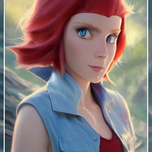 Prompt: Female Pokemon Trainer with Red hair and Blue eyes, detailed, centered, digital painting, artstation, concept art, donato giancola, Joseph Christian Leyendecker, WLOP, Boris Vallejo, Breathtaking, 8k resolution, extremely detailed, beautiful, establishing shot, artistic, hyperrealistic, beautiful face, octane render, cinematic lighting, dramatic lighting, masterpiece