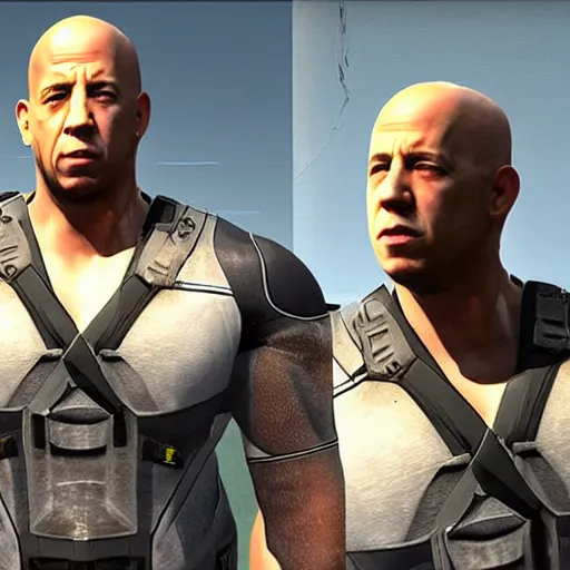 Image similar to Vin Diesel donning an HEV Mk. V suit starring in Half-Life 2