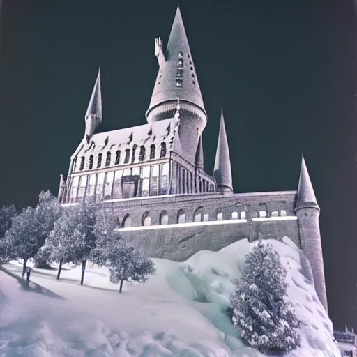 Prompt: 1 9 9 0 s photograph of hogwarts castle at nighttime, snow covered, womping willow is visible.