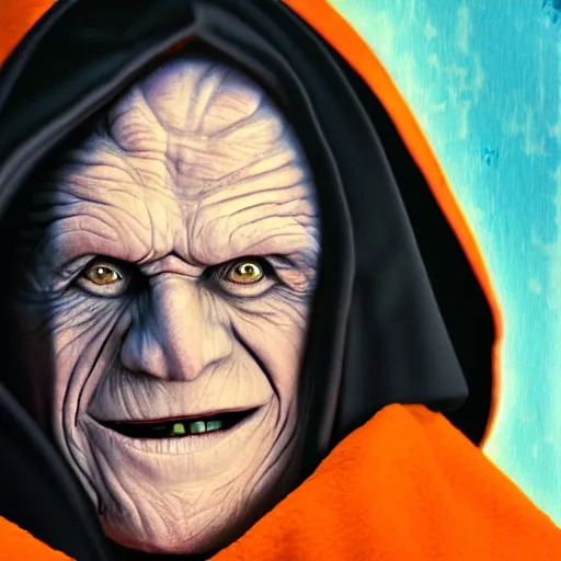 Image similar to portrait of Emperor Palpatine, Orange eyes, circles under the eyes, laughing, photorealism, 4k, super detail, Star Wars movie Style