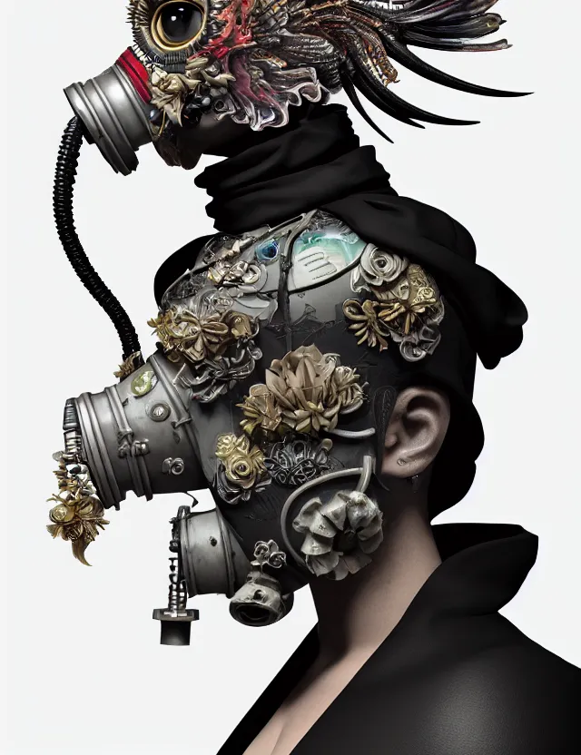 Image similar to 3 d goddess close - up profile punk portrait with vintage gas mask ram skull. beautiful intricately detailed japanese crow kitsune mask and clasical japanese kimono. betta fish, jellyfish phoenix, bio luminescent, plasma, ice, water, wind, creature, artwork by tooth wu and wlop and beeple and greg rutkowski