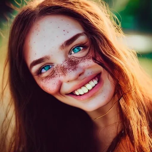 Image similar to beautiful hyperrealism selfie of a cute young woman smiling softly, long light bronze brown hair, cute freckles, flushed face, red blush, small heart - shaped face, soft features, emerald green eyes, golden hour, 8 k, sharp focus, instagram
