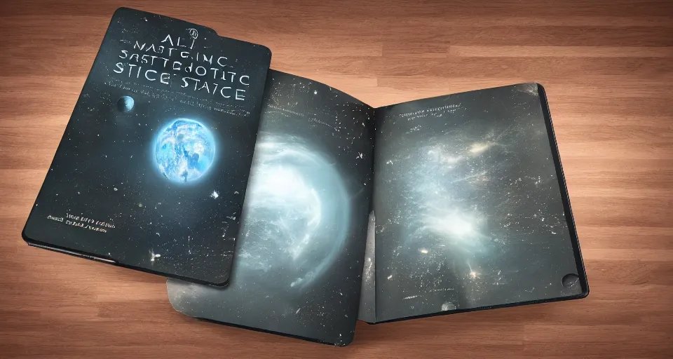 Prompt: a majestic and mystifying book about space travel, moleskin book, relic, knowledge, wisdom, secrets, travel guide, space tourism, hard cover book, adventure, hyper realistic, realistic, 8 k render, unreal engine 5 render