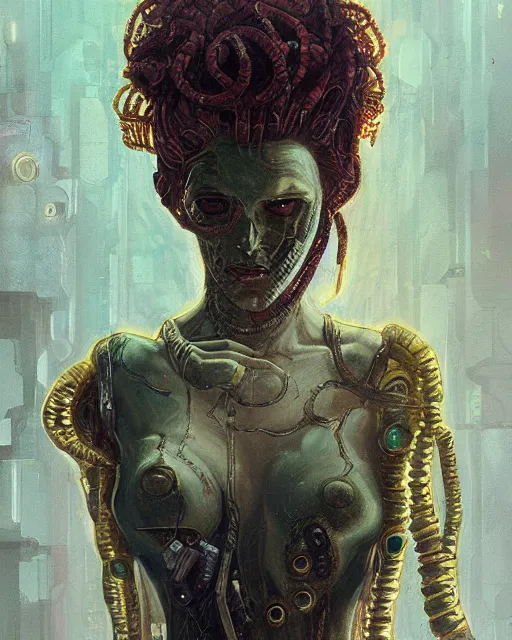 Image similar to portrait of a cyberpunk medusa by greg rutkowski in the style of egon schiele