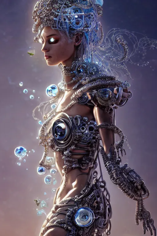 Image similar to a centered render of an alluring wild post apocalyptic cyborg goddess with wearing ornate silver and gemstones and crystal clothing surrounded by flowing liquid gallium jellyfish and sacred geometry, perfect body and face, gorgeous, cinematic, beautifully lit, by artgerm, by karol bak, by donato giancola, 3 d, trending on artstation, octane render, 8 k
