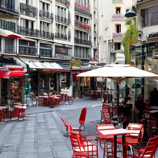 Prompt: une rue de paris vide avec des voitures garees, un restaurant avec une terrasse, des boutiques avec des neons, en debut de matinee ( ( ( ( ( en 2 0 1 5 ) ) ) ) )