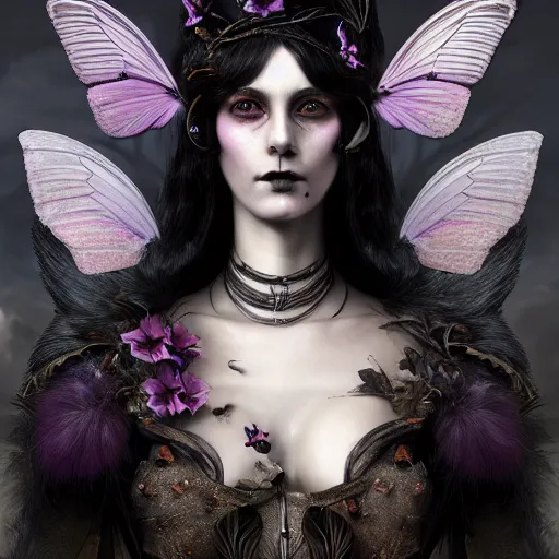 Prompt: tom bagshaw, soft painting fractal curiosities carnival fur, beautiful female butterfly hybrid mutation in full nightshade gothic armor, accurate features, focus, very intricate ultrafine details, black white purple volumetric clouds, award winning masterpiece, octane render 8 k hd