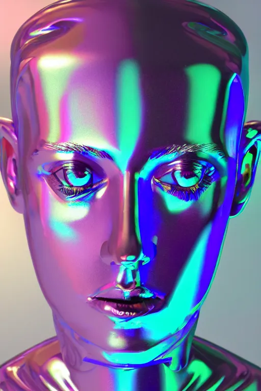 Image similar to 3d render of holographic human robotic bust made of glossy iridescent, bust, surrealistic 3d illustration of a human non-binary, non binary model, 3d model human, cryengine, made of holographic texture, holographic material, holographic rainbow, concept of cyborg and artificial intelligence