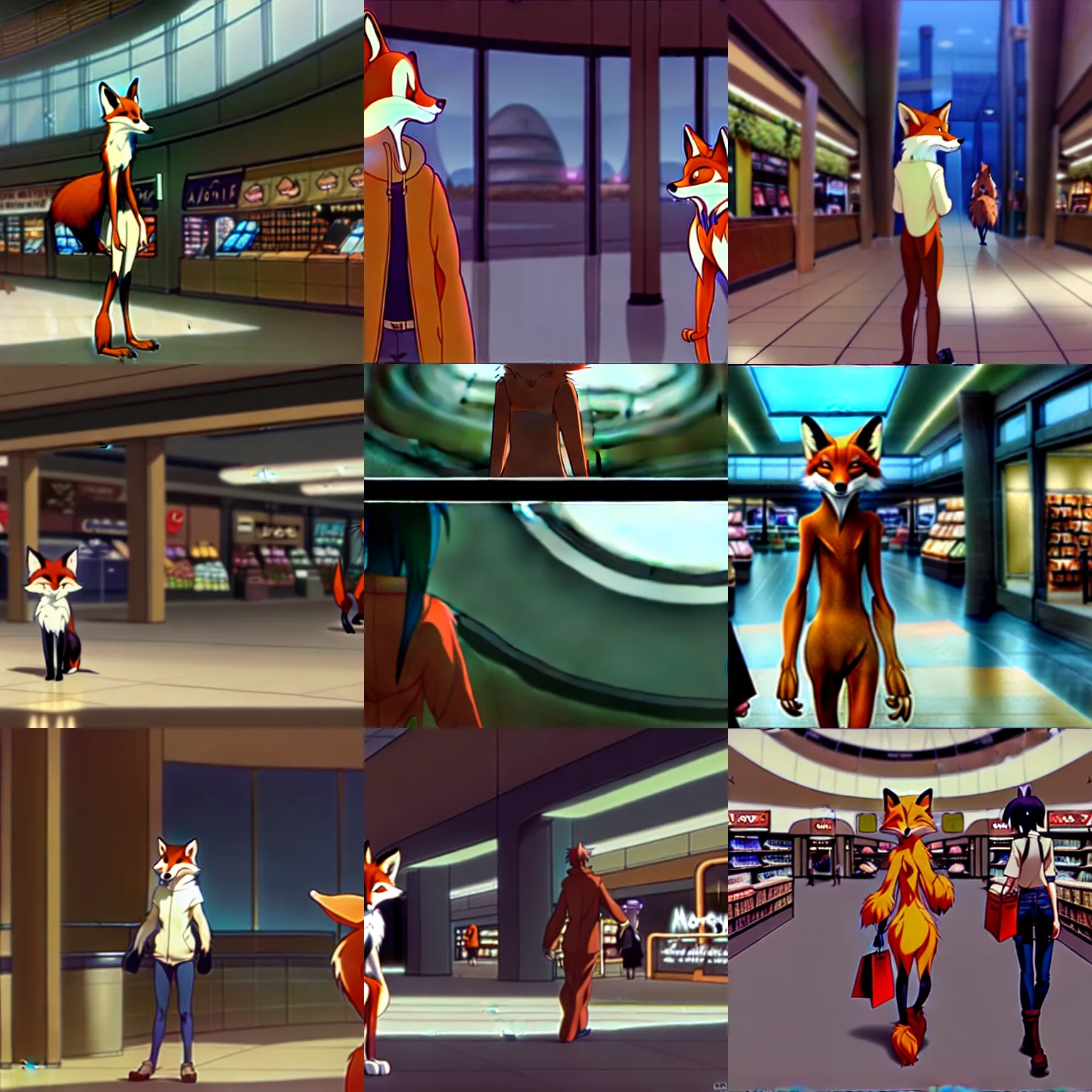 Image similar to an anthropomorphic natural furry ( fox ) shopping at a futuristic mall, photorealistic, anime, makoto shinkai, james gurney, don bluth, disney, hibbary, dark natasha, goldenwolf, furaffinity