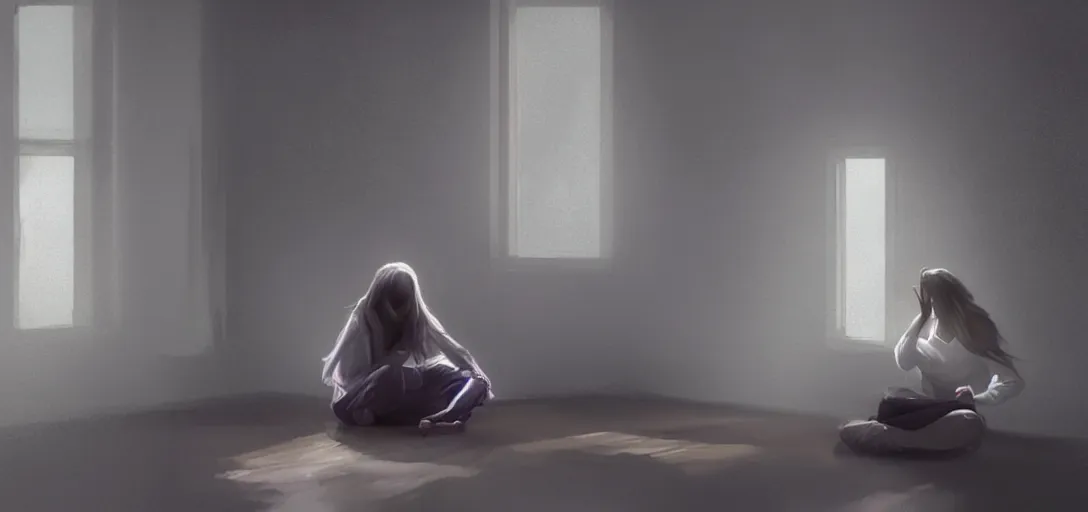 Image similar to Young Himalayan woman sitting concerned in an empty room with loneliness using psychic powers to make a lighter float| night time scene, plain walls |somber white eyes, long ashy hair | gentle lighting, futuristic, dim lighting, digital art by Makoto Shinkai ilya kuvshinov and Wojtek Fus, digital art, concept art,