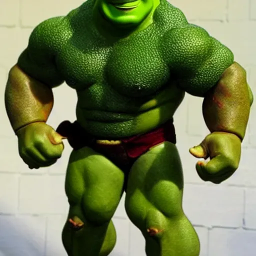 Prompt: a muscular shrek action figure that was released in 2 0 0 8 and is made out of cheap plastic looks really cheap and poorly made and is being sold on ebay