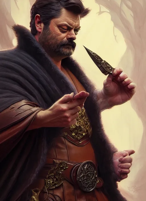 Image similar to portrait of nick offerman, d & d, leather robes, muscular, fantasy, intricate, elegant, highly detailed, digital painting, artstation, concept art, smooth, sharp focus, illustration, art by artgerm and greg rutkowski and alphonse mucha