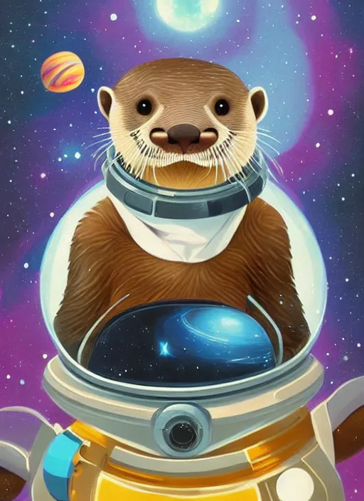 Image similar to a portrait of a cute otter with a space helmet, swimming through a beautiful galaxy!!!, detailed, artstation, art by miyazaki and rhads