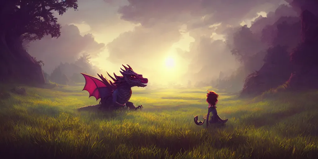 Prompt: A dragon stands in the middle of a meadow, dark atmosphere, mattepainting concept Blizzard pixar maya engine on stylized background splash comics global illumination lighting artstation lois van baarle, samwise didier, rossdraws