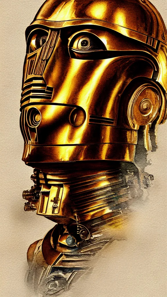 Prompt: a portrait of c - 3 po in a watercolor style. faded wash. color harmony, 8 k detail, gallery quality, hd wallpaper, premium prints available, hyper - detailed, intricate design.