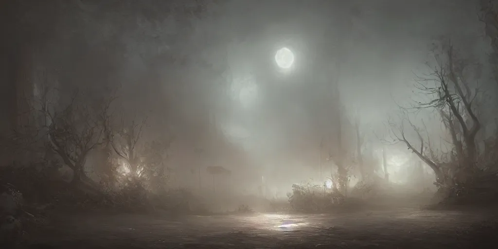 Prompt: a thick swirling fog, soft lighting, night, unreal engine, digital art, 8 k, oil painting, fantasy art, illustration, detailed and intricate environment