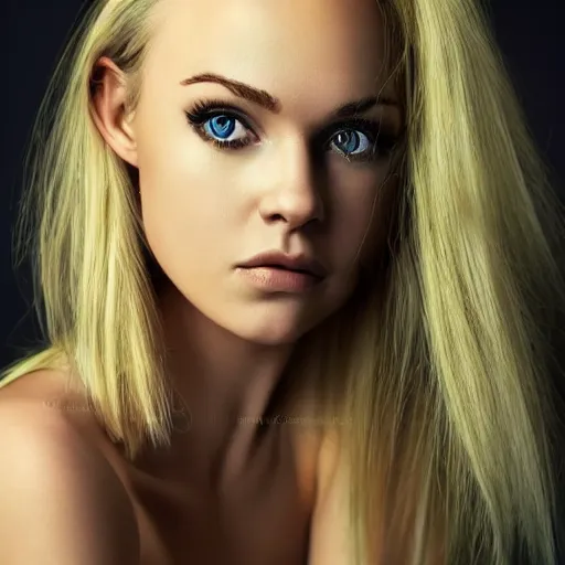 Image similar to A beautiful woman with blonde hair and green eyes and a big forehead, full body portrait, highly detailed, excellent composition, dramatic lighting, realistic 4k