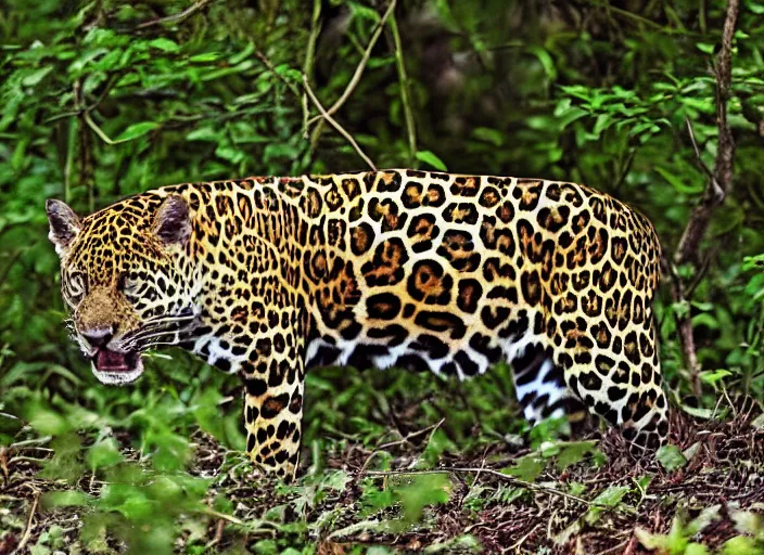 Prompt: jaguar the animal in the forest but it has the body of a jaguar car, professional natural geographic jungle photo