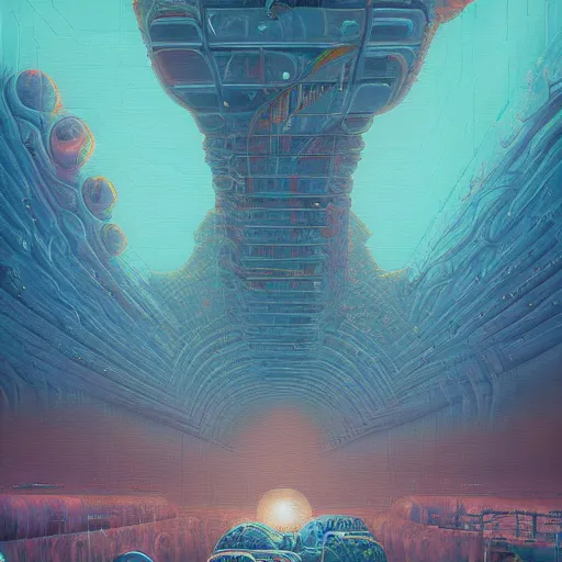 Prompt: beautiful painting of the empyrean glitched factory in a corals alien vortex in the style of Simon Stålenhag and H. R. Giger, detailed, trending on Artstation