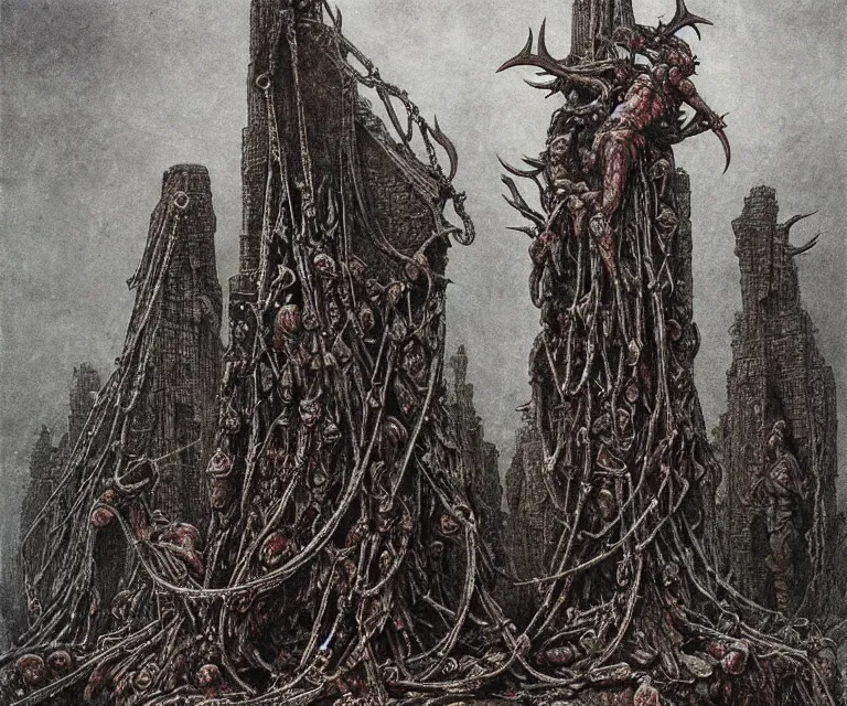 Image similar to Ancient blood-leaking cultic ritual obelisk made of horns and thorns, bloody chunks of flesh and steel chains by Beksinski, Arthur Rackham, Eugene de Blaas, Dariusz Zawadzki, Wayne Barlowe