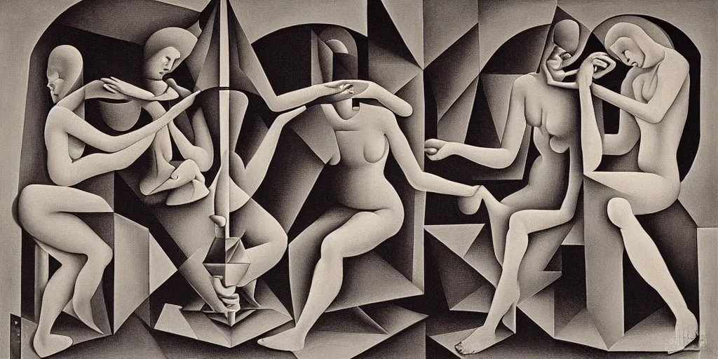 Image similar to the three fates, abstract oil painting by MC Escher