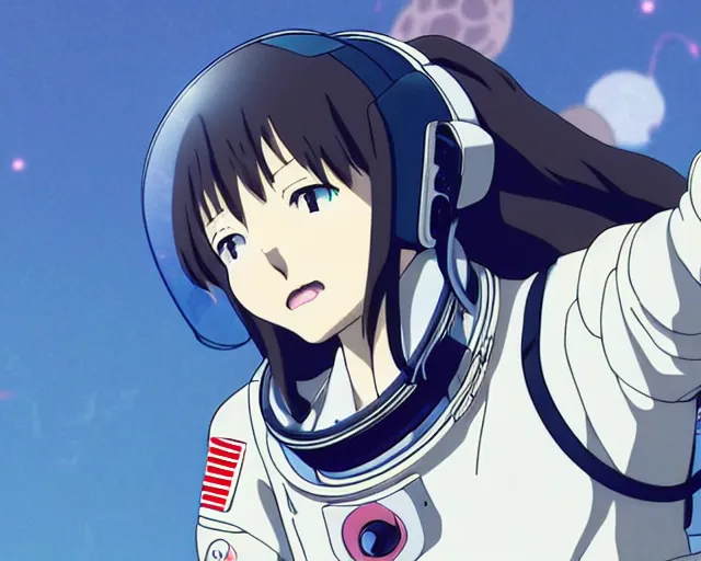 Image similar to anime visual of a female astronaut ; official media ; animated by hajime yatate ; by shinichiro watanabe