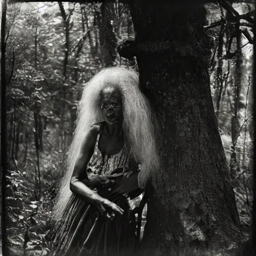 Image similar to old afro woman in the woods, close - up photograph, by sally mann