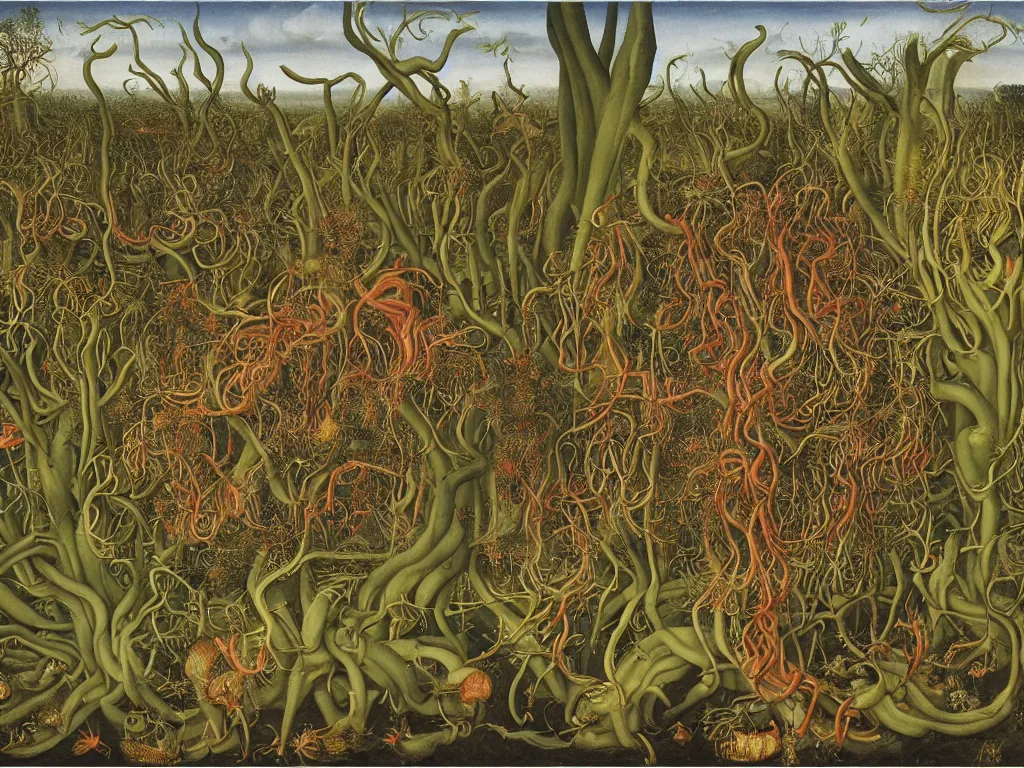 Image similar to Artist lost among carnivorous plants. Thunderstorm afar. Painting by Lucas Cranach, Walton Ford