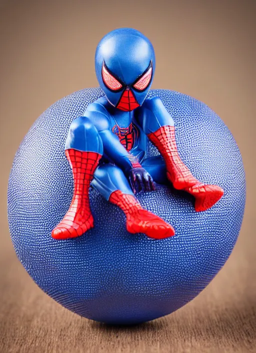 Image similar to 80mm resin detailed miniature spiderman, sitting on a football, pouting, Product Introduction Photos, 4K, Full body,