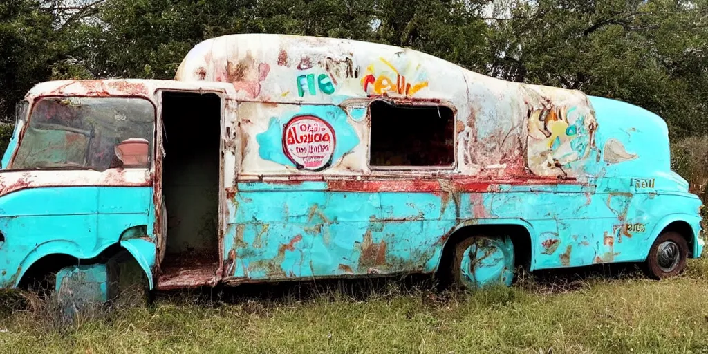 Image similar to an abandoned ice cream truck from the 6 0 s, with the words free ice cream and a logo for the ice cream company algida