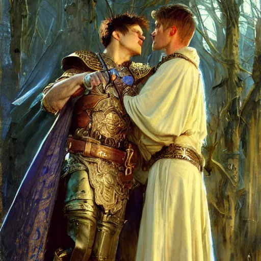 Prompt: stunning arthur pendragon in love with stunning male merlin the mage. they are close to each other. highly detailed painting by gaston bussiere, craig mullins, j. c. leyendecker