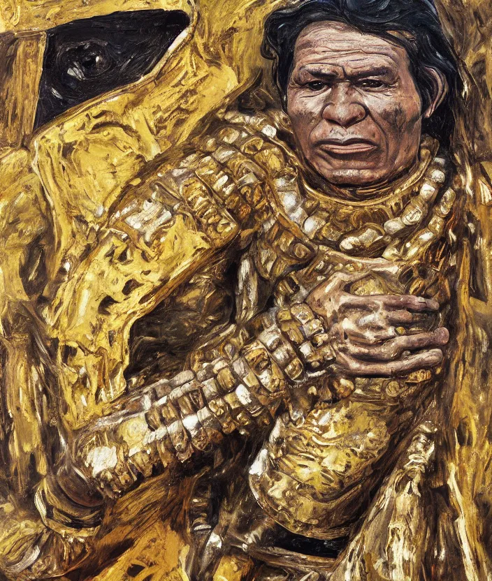 Image similar to indigenous man with a golden armour, painted by lucian freud, hd, super detailed, realistic, muted colors