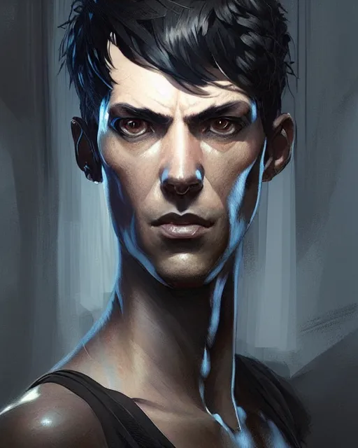 Prompt: professional concept art portrait of a diesel punk man with short black hair in a dark room by artgerm and greg rutkowski. an intricate, elegant, highly detailed digital painting, concept art, smooth, sharp focus, illustration, in the style of cam sykes, wayne barlowe, igor kieryluk.