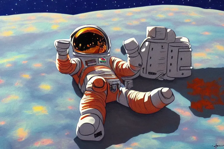 Image similar to an astronaut laying on mars in the style of flooko, acrylic art, detailed, moonlight