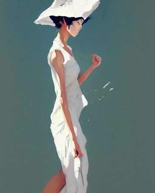 Image similar to a ultradetailed beautiful painting of a stylish woman wearing a white dress with a sun hat, by conrad roset, greg rutkowski and makoto shinkai trending on artstation