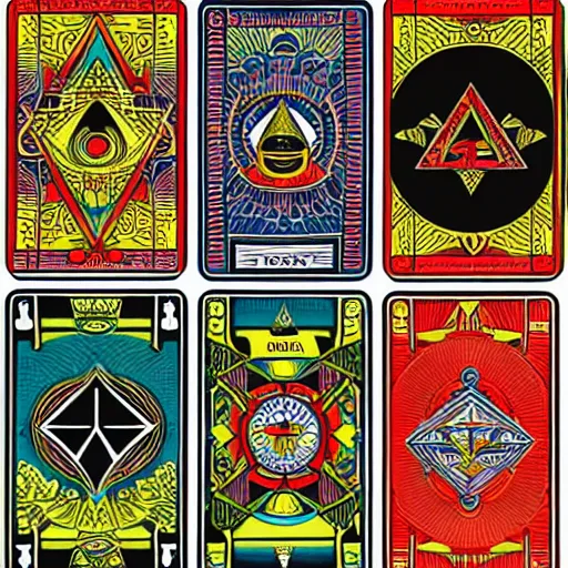 Image similar to full set of illuminati playing cards, tarot card design, product shot