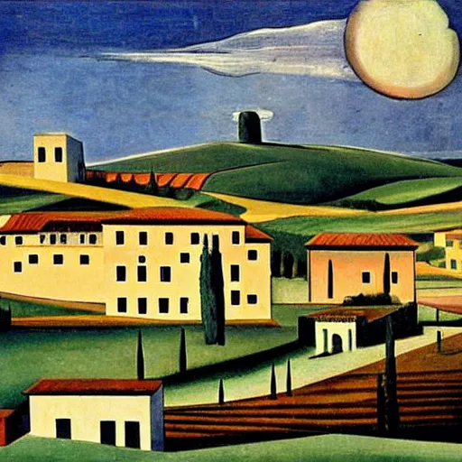 Image similar to dreaming tesla in toscana landscape with modern houses, painted by Giorgio de Chirico, highly detailed