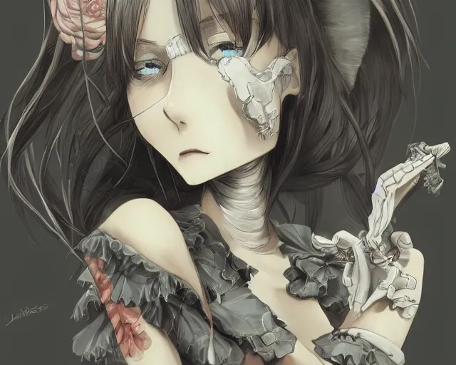 Prompt: anime girl fighting a skeleton confident pose, intricate, elegant, sharp focus, illustration, highly detailed, concept art, matte, trending on artstation, anime, art by james jean and artgerm