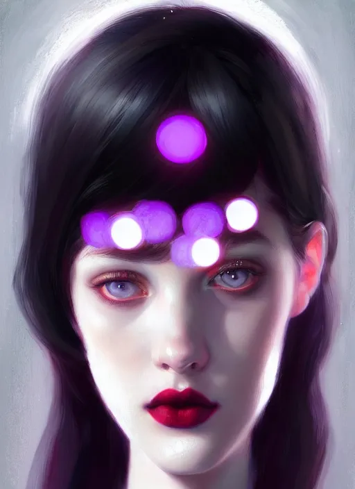 Image similar to portrait of pale teenage girl, red irises, black hair, white bangs, purple lipstick, intricate, elegant, glowing lights, highly detailed, digital painting, artstation, concept art, smooth, sharp focus, illustration, art by wlop, mars ravelo and greg rutkowski