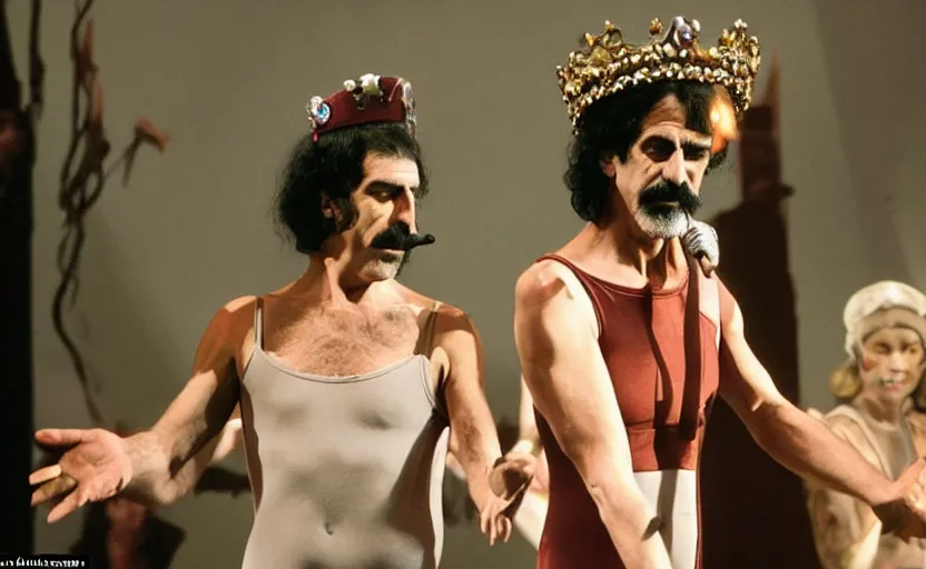 Prompt: Frank Zappa in a leotard and a crown performs the role of Richard III in the award winning modern dress production of Richard III in front of a live audience, action shot, directed by Robert Wilson