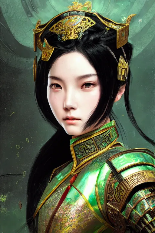 Image similar to portrait black hair young knights of Dynasty Warriors girl, metallic green armor, in ruined chinese palace, ssci-fi and fantasy, intricate and very beautiful and elegant, highly detailed, digital painting, artstation, concept art, smooth and sharp focus, illustration, art by tian zi and WLOP and alphonse mucha