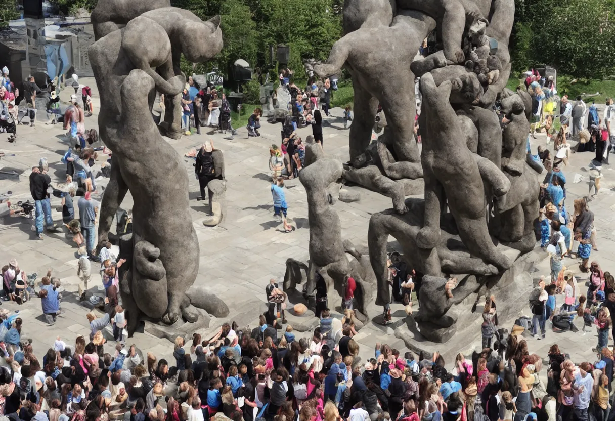 Prompt: humans bowing down and worshipping a giant statue of a cat